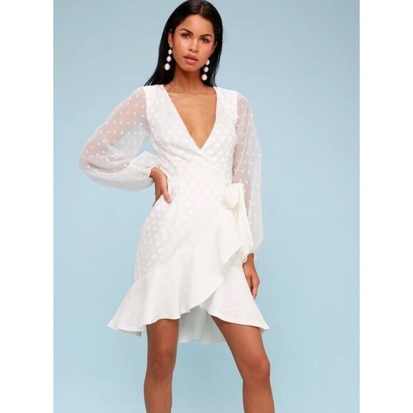 Keepsake See You Now White Polka Dot Wrap Dress Size S Long Sleeve Chiffon - Picture 1 of 11